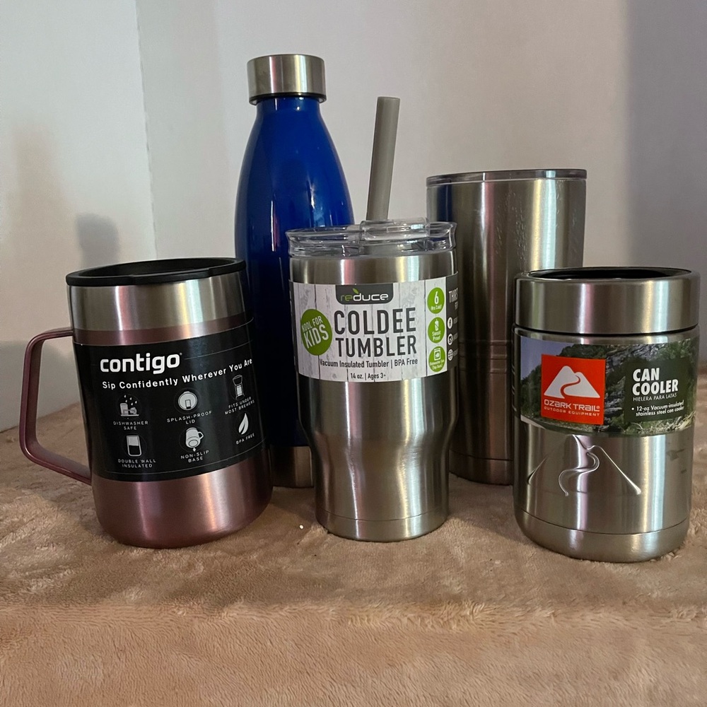 Contigo Mug, Reduce Tumbler, and Ozark Trail Can Cooler Set